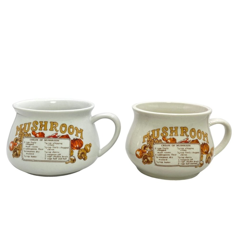 Soup Recipe Mug Bowl Cups Mushroom  Lot of Two Vintage Ceramic With Handles